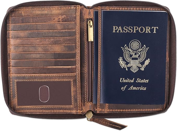 Passport Wallet - Travel Document Holder w/RFID Blocking – Full Grain Leather – Bifold compact zip around Wallet with Credit Card Slots for Women and Men,distressed brown,500-30