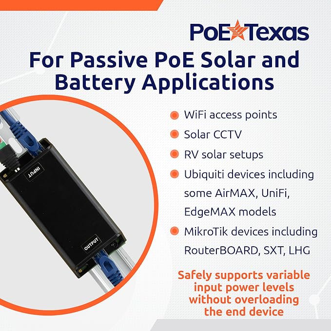 PoE Texas 24 Volt Passive PoE Injector (Mode B) - DC-Powered Gigabit Inline Converts 12-60V in to 24 Volt Passive PoE Out Up to 30 Watts - Variable DC PoE Injector for Solar Powered Installations
