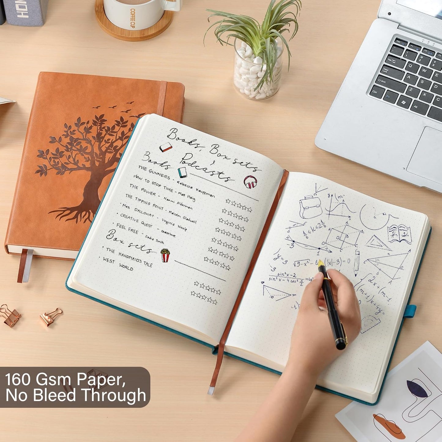 ZXHQ B5 Bullet Dotted Journal Notebook:150 gsm Thick Paper, 256 Pages, Dot Grid Hardcover, Tree of Life Design, Fine Inner Pocket - 7.7" × 10" Brown