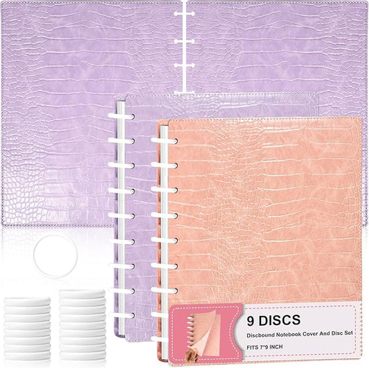 2 Pack Pu Leather 7X9.25 In Discbound Notebook Cover And Disc Set Discbound Planner Cover With 18 Pcs Expansion Discs 9-Disc Disc Bound Notebook Accessories(Pink+Purple;No Inner Paper)
