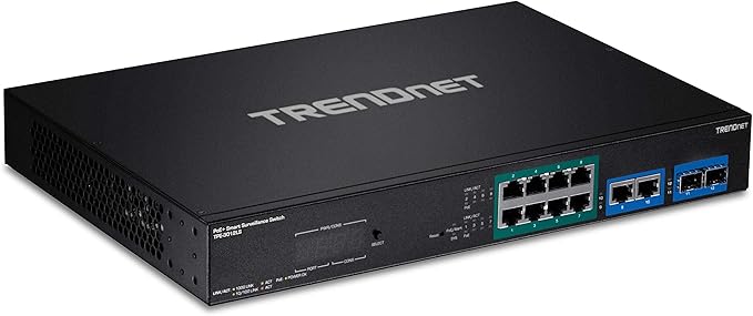 TRENDnet 12-Port Gigabit PoE+ Smart Surveillance Switch, TPE-3012LS, 8 x Gigabit PoE+ Ports, 2 x Gigabit Ports, 2 x SFP Slots, 110W PoE Budget, Managed Switch, Long Range PoE+ up to 200m (656 ft)