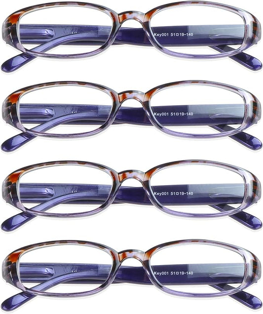 VisionGlobal 4 Pairs Reading Glasses with Spring Hinge, Blue Light Blocking Glasses for Women/Men (4 Purple, +0.75 Magnification)