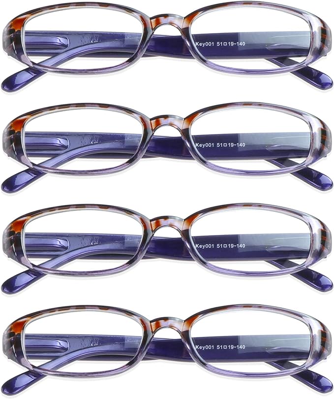 VisionGlobal 4 Pairs Reading Glasses with Spring Hinge, Blue Light Blocking Glasses for Women/Men (Purple,+4.25 Magnification)