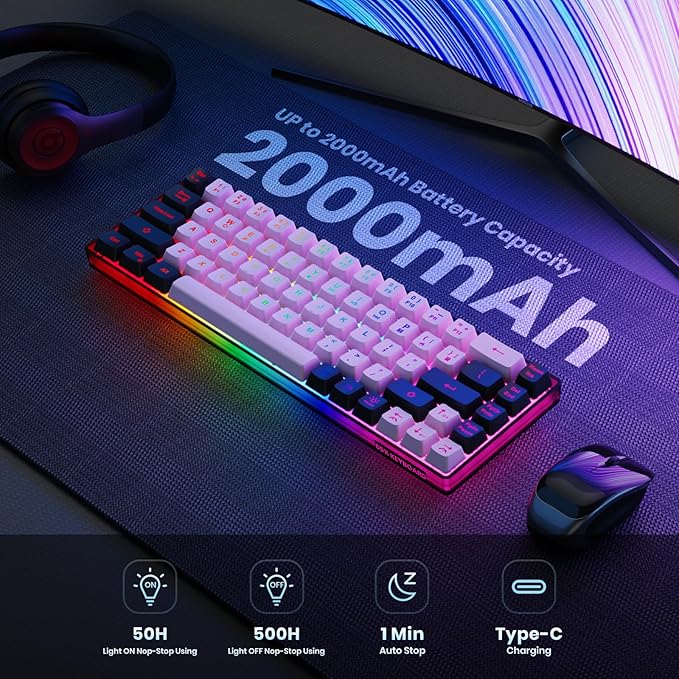 65% Wireless Gaming Keyboard, LED Backlit Gaming Keyboard, 68 Keys Ultra-Compact Anti-ghosting No-Conflict Wireless Keyboard for PC Laptop Windows Gamer(Pink-Black)