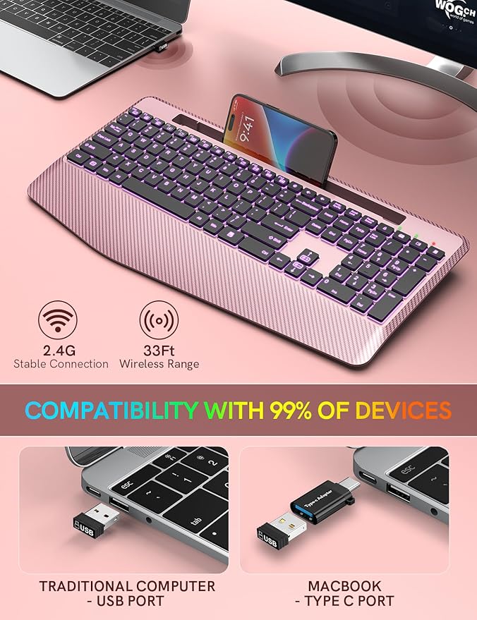 Wireless Keyboard with 7 Colored Backlits Wrist Rest, Phone Holder, Rechargeable Ergonomic Computer Keyboard with Silent Key, Full Size Lighted Keyboard for Windows, Mac, PC, Laptop (Rose gold)