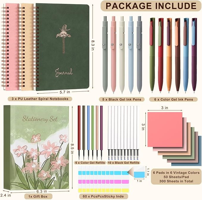 37PCS Stationery Set, Aesthetic Bible Journal Set, 3PCS A5 Spiral Notebooks, Gel Pens, Sticky Notes & Tabs, Gift Box for Students Back to School Supplies