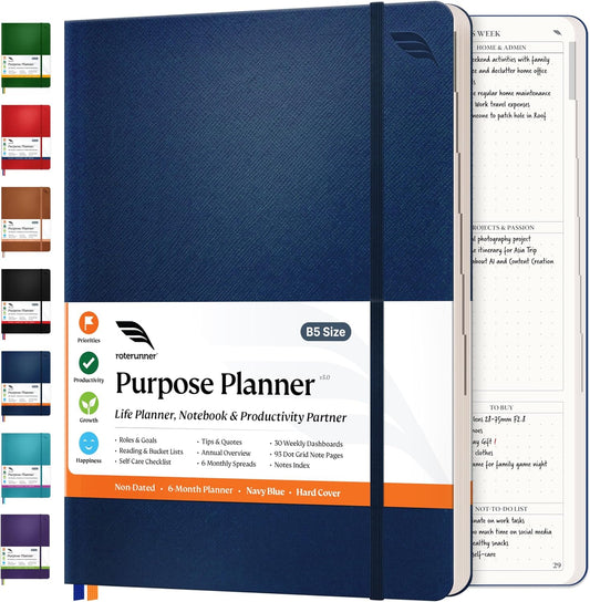 Roterunner Purpose Planner Notebook B5 7.5”x9.8” Undated Planner 2025 Daily Weekly and Monthly Productivity Goal Setting Tool for Work Home ADHD Planner for Adults Self Care Journal