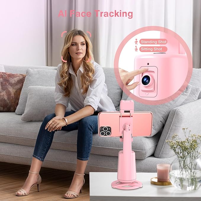Auto Face Tracking Tripod 360° Rotating Cell Phone Photo and Video Kits Stand, No App, Phone Camera Stand with Remote and Gesture Control for Live Recording Tiktok Pink1