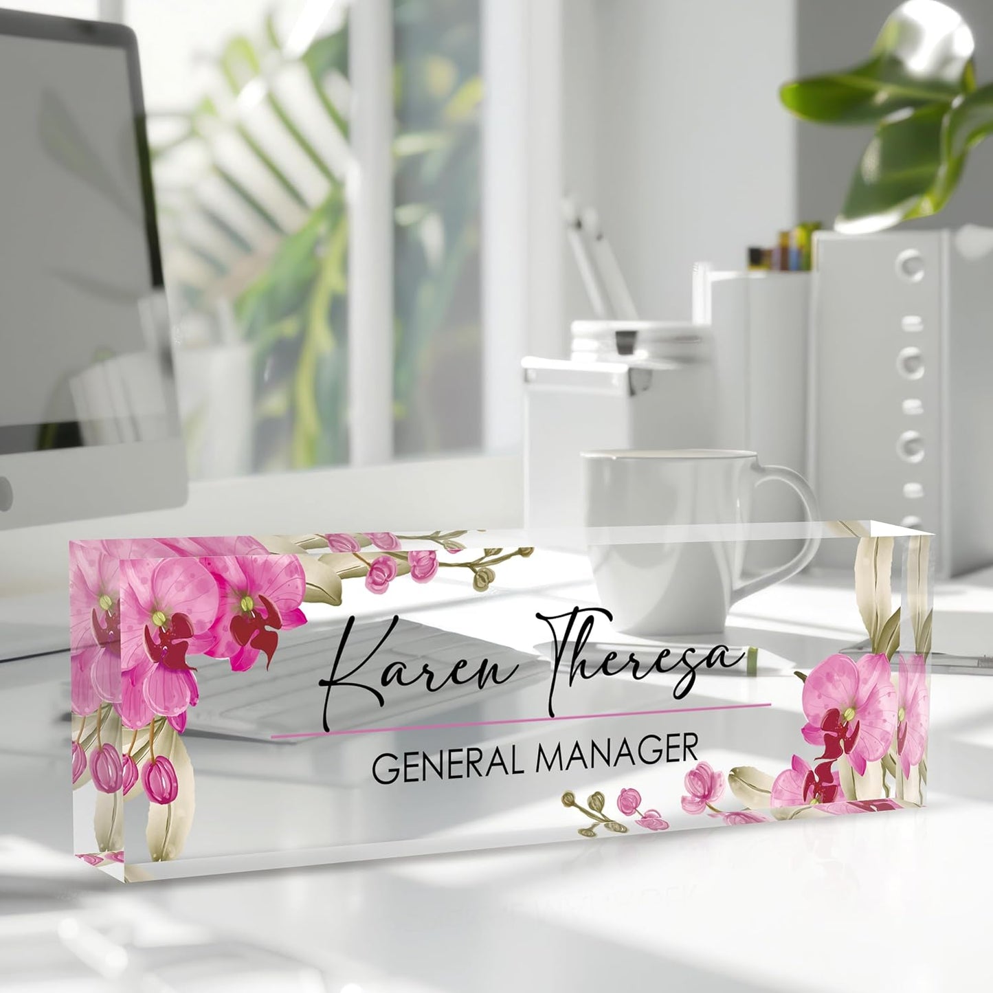 Personalized Desk Name Plate - Acrylic Accessory (Pink Butterfly Orchid)