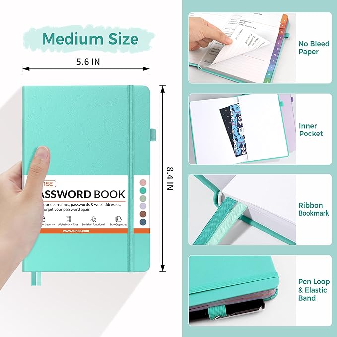 SUNEE Password Book with Colorful Alphabetical Tabs, Password Books for Seniors, Password Keeper Book for Computer and Internet Address Website Login, 5.3''x 7.7''- Aquamarine