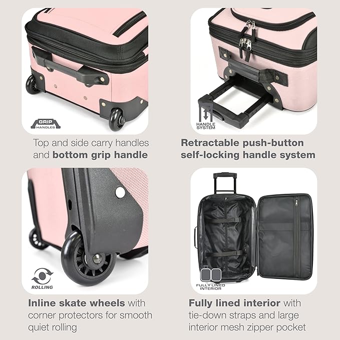 U.S. Traveler Rio Fabric Expandable Carry-on Luggage, Rolling Suitcase, Pink, 2 Wheel Set