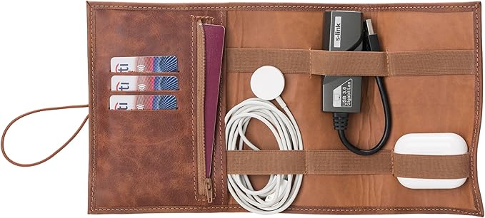Custom Leather Electronic Organizer Roll – Personalized Cord Pouch for Travel Tech Accessories, USB Cables, Charger, Passport, SD Cards – Handmade Gift for All
