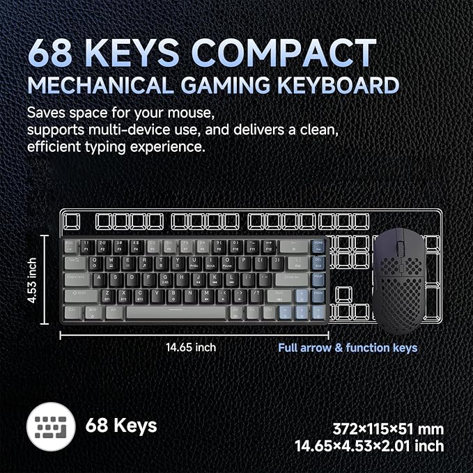 DIERYA DK68 60% Wireless Mechanical Gaming Keyboard, 3 Modes Bluetooth/2.4G/USB-C with Clicky Blue Switch, RGB Backlit, Anti-Ghosting, 68-Key Compact mini Keyboard for Windows/macOS/Linux- Grey/Black