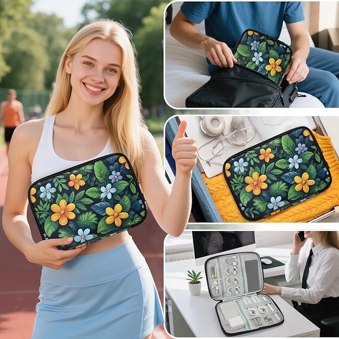 Yellow Blue Flowers Electronics Travel Organizer Case, Tech Accessories Cable Storage Bag for Cords, Charger, Phone, Hard Drive