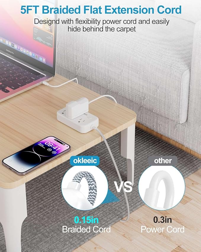 Small Extension Cord 5 ft - Flat Plug Power Strip Surge Protetor with 3 AC Outlets 3 USB (5V/3.4A 17W) Charging Ports, Multi Plug Outlet Splitter for Home Bedroom Hotel Office Desktop Accessories