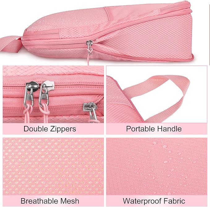 8 Set Compression Packing Cubes for Travel, Expandable Waterproof Travel Organizer, Lightweight Luggage Organizer with Shoes & Laundry Bags, Travel Accessories for Men Women, Pink