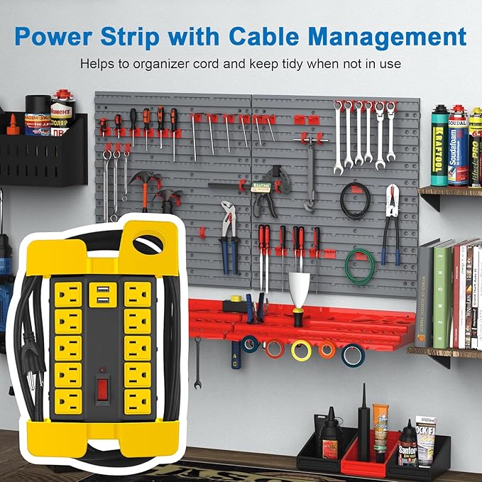 CCCEI Heavy Duty Power Strip with USB Ports, Garage 10 Outlets Surge Protector 2700 Joules, Industrial Workshop Metal 15Amp Multiple Outlets, 10 FT Extension Cord and Wide Spaced Black
