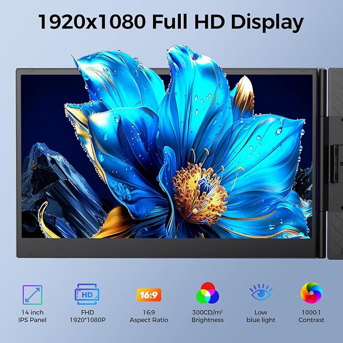 Redalf 14” Triple Laptop Screen Extender,Ultra-Thin & Lightweight (2.2lb) Portable 1080P FHD IPS Monitor, Plug & Play USB-C/HDMI, Fits 13–17.3” Laptops for Mac/Windows/Chrome