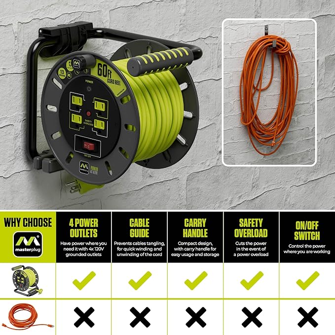 60ft Cord Reel, Retractable Extension Lead with Winding Handle, Safety Overload Circuit Breaker and Power Switch, 4X Grounded Outlets, 13amps, 14AWG Cable