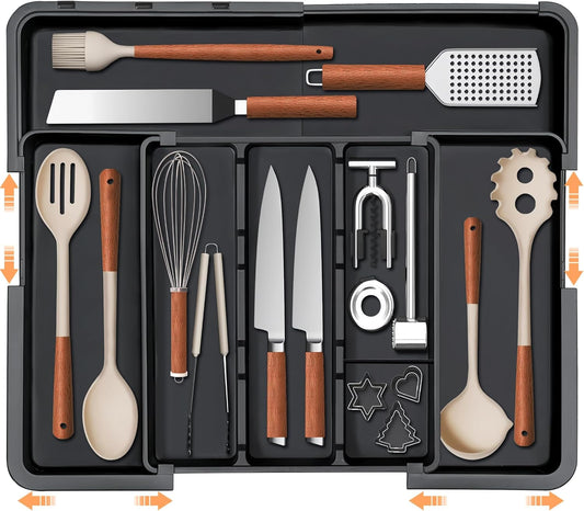 Large Utensil Drawer Organizer Expandable Silverware Organizer for Kitchen Drawer Adjustable Cooking Utensil Holder Cutlery Flatware Tray Spatula Tools Gadgets Storage Dividers Plastic Black