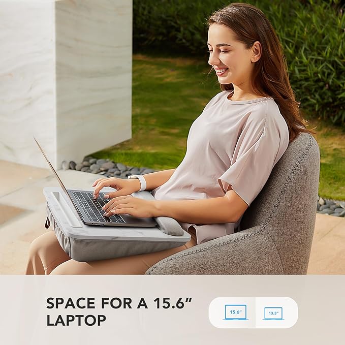 HUANUO Lap Laptop Desk - Portable Lap Desk with Pillow Cushion, Fits up to 15.6 inch Laptop, with Anti-Slip Strip & Storage Function for Home Office Students Use as Computer Stand - Marble