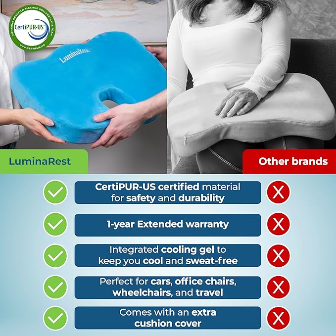 LuminaRest® Gel Seat Cushion for Long Sitting – CertiPUR-US® Certified Memory Foam – Tailbone Pain Relief Cushion, Adaptable for Office, Car, Airplane & Wheelchair – (Blue)