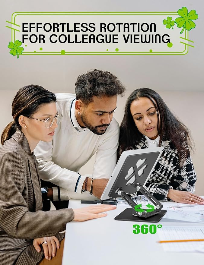 Tablet Stand for iPad, 360° Rotating Aluminum Desktop Holder – Adjustable & Foldable Desk Stand Compatible with iPad Pro 12.9/11, Air 10.9, Samsung Tab S9, Portable for Home Office, Black