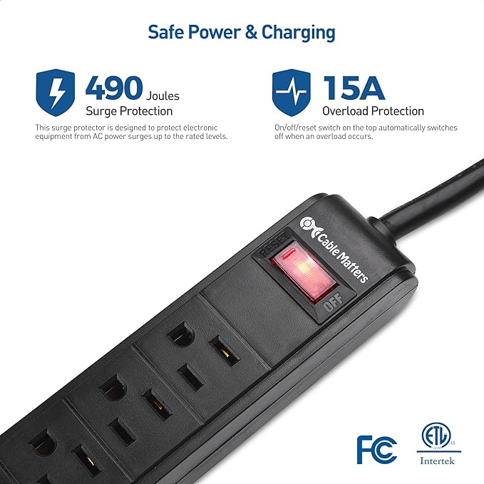 [ETL Listed] Cable Matters 2-Pack 6-Outlet Surge Protector Power Strip with USB Ports - 8ft, Long Extension Cord, Surge Protector with USB Ports, Black