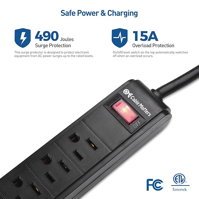 [ETL Listed] Cable Matters 2-Pack 6-Outlet Surge Protector Power Strip with USB Ports - 12ft, Long Extension Cord, Surge Protector with USB Ports, Black