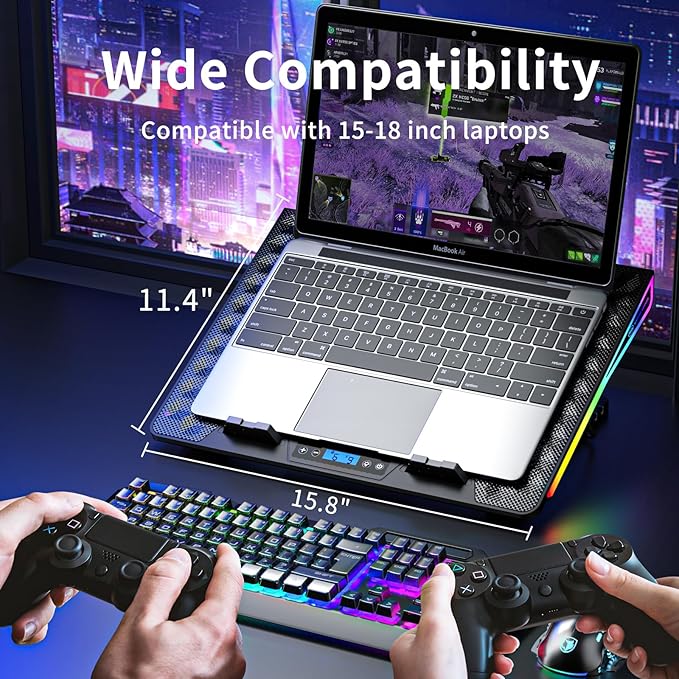 KeiBn Laptop Cooling Pad, Gaming Laptop Fan Cooling Pad with 15 Quiet Fans, RGB Laptop Cooler for 10-17.3 Inch, 4 Height Stands, 2 USB Ports - Blue