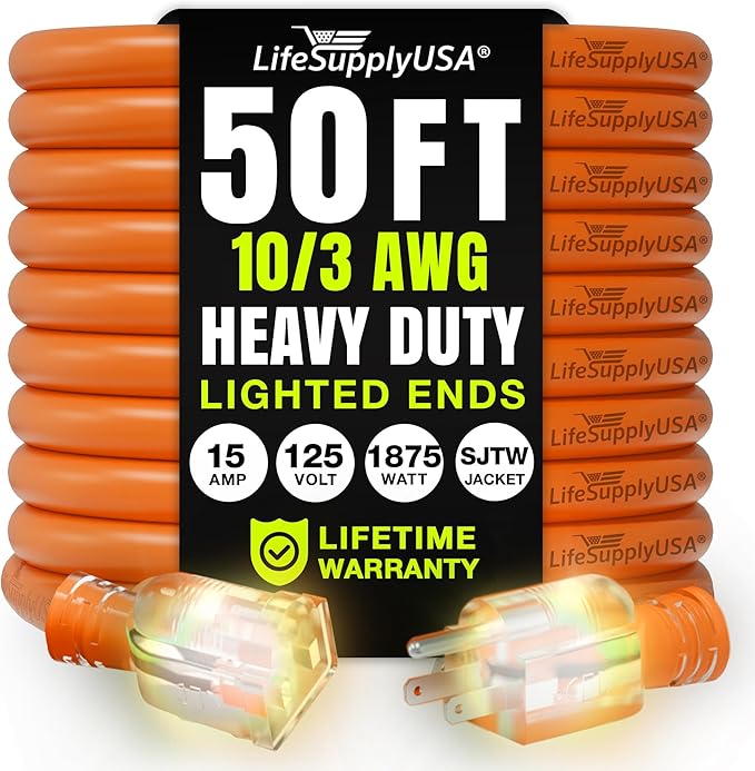 50ft Outdoor/Indoor Extension Cord 10/3 Gauge Ultra Heavy Duty 3 Prong SJTW, Waterproof, Flexible Cold-Resistant Long Power Cord,15A 125V 1875W, Orange by LifeSupplyUSA