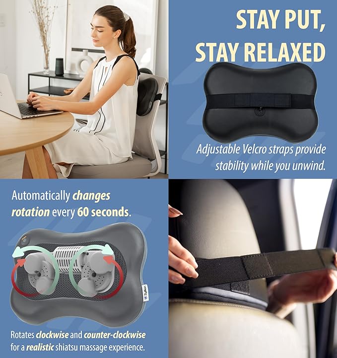 Zyllion Shiatsu Back and Neck Massager with Heat - 3D Electric Kneading Deep Tissue Massage Pillow for Muscle Pain Relief, Black, ZMA-13