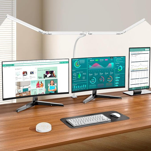 Led Desk Lamp with Clamp: Architect Desk Lamp for Home Office, Eye Caring Double Head Computer Monitor Gooseneck Desk Light with Remote Control - 24W Flexible Dimmable Desktop Table Lamp White