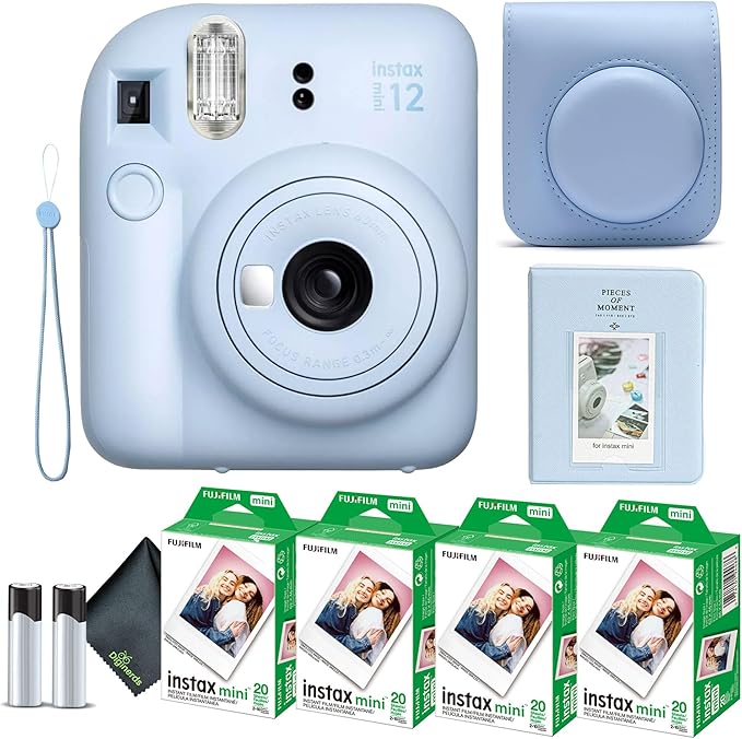 Fujifilm Instax Mini 12 Instant Camera Pastel Blue Bundle with Fuji Instax Mini Film Value Pack (80 Sheets) + Protective Carrying Case + Photo Album + Microfiber Cleaning Cloth