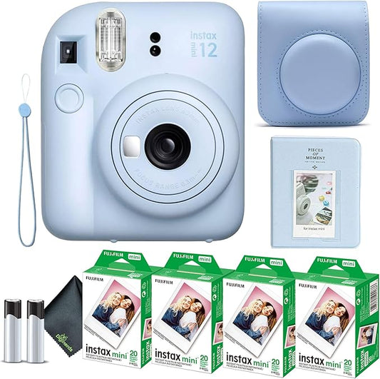 Fujifilm Instax Mini 12 Instant Camera Pastel Blue Bundle with Fuji Instax Mini Film Value Pack (80 Sheets) + Protective Carrying Case + Photo Album + Microfiber Cleaning Cloth