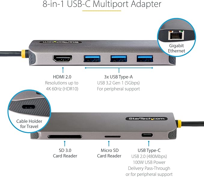 StarTech.com USB C Hub, 4K 60Hz HDMI Video with USB-C DP 1.4 Alt Mode, USB 5Gbps Dock for MacBook M1 M2 M3 M4 & Windows, Gigabit Ethernet, SD/MicroSD, 100W Charging, 12in Cable