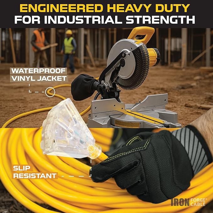 Iron Forge Cable 100ft Outdoor Extension Cord, Lighted with 3 Electrical Power Outlets - 12/3 Gauge SJTW Heavy Duty Extension Cable, Yellow, 15 AMP - 3 Pronged with Grounded Plug for Improved Safety