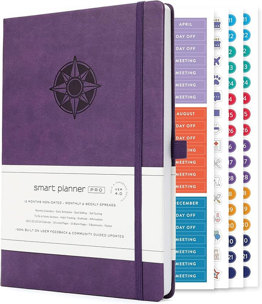 Smart Planner Pro – Undated Daily Planner – Medium B5 – Achieve Goals & Increase Productivity with Weekly, Monthly, Work Sections - Organizer Planner with Back Pocket, 3 Satin Bookmarks & Pen Holder