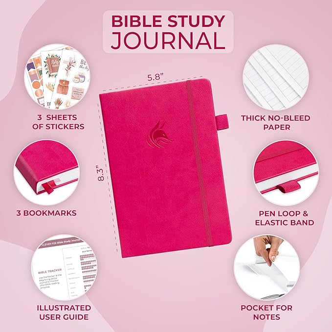 Clever Fox Bible Study Journal – Church Notes Notebook – Note Taking & Journaling Kit – Faith Based Religious Gifts & Accessories (Fuchsia)