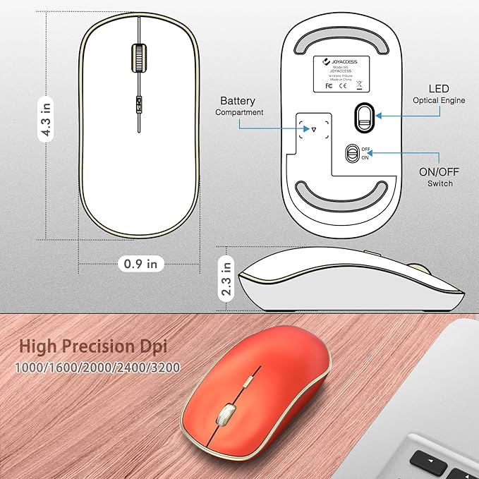 JOYACCESS Mouse Wireless, 2.4G Silent Wireless Gaming Mouse, Slim Portable USB Mouse Wireless for Laptop, Computer, PC (Orange Red)