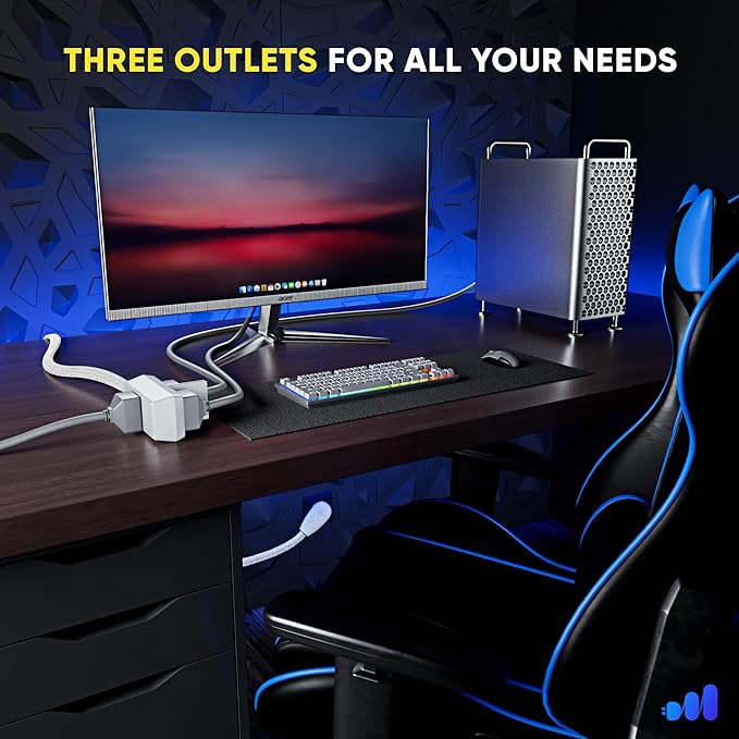 Maximm 1 Ft Extension Cord, 2 Prong, 360° Rotating Flat Plug, UL Certified, Light Gray – Space-Saving Indoor Power Cord for Tight Spaces, Polarized, Braided