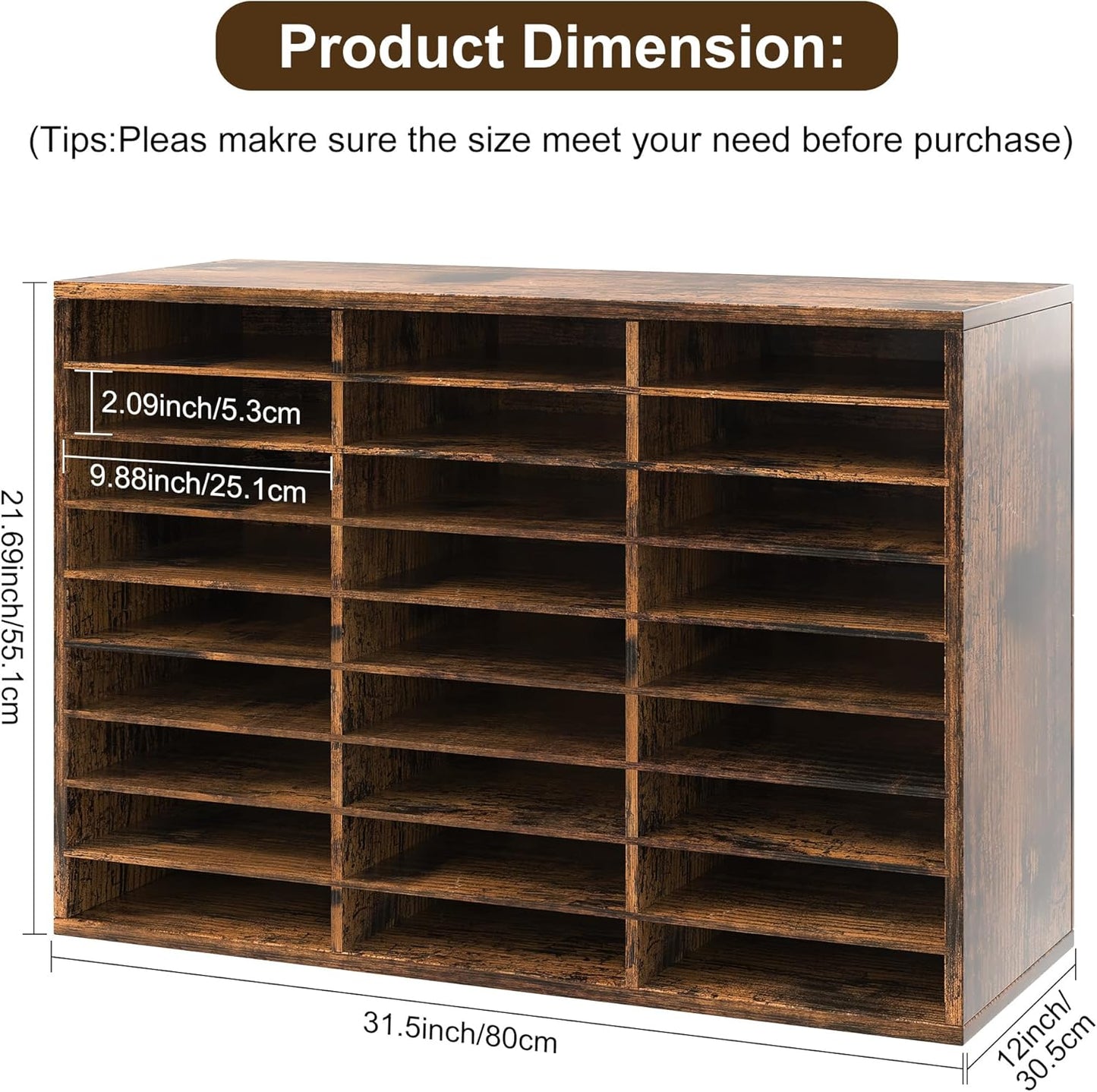 Mail Organizer Countertop, 27 Slots Wooden Desk File Literature Sorter, Adjustable Paper Storage Shelves Document Holder, Space Saving Desktop Mailbox for Office Classroom, Rustic Brown