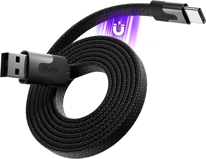 Statik MagStack USB to USB C Cable, Magnetic Anti Tangle Flat A to Type C Charger Fast Charging Cord, Magnetic Charging Cable, Compatible with iPhone 16 Pro Max, 15, Galaxy S24 Ultra, 27W 3FT/1M