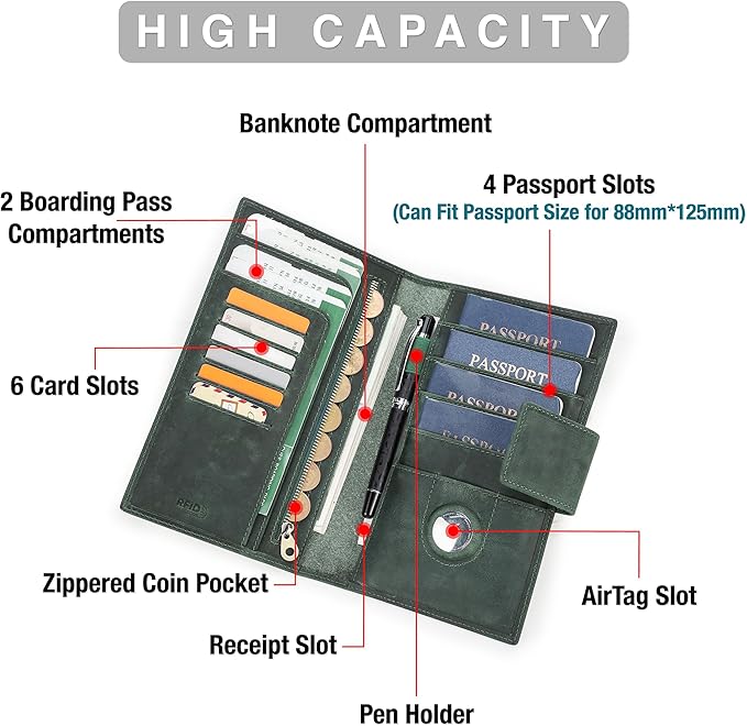 Top Grain Leather Travel Passport Wallet Holder for Man & Woman, Snap Button Design for 4 Passports & Multi Cards, RFID Blocking Large Capacity for Passports/Cards/Checks/Bills, Dark Green