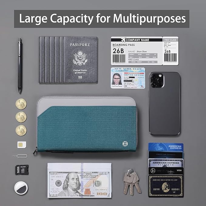 Travel Passport Holder for Family - RFID Large Travel Passport Wallet with Airtag & Card Holder Women Men, Lightweight Passport Cover Case Book Travel Document Organizer with Zipper Pocket,Coral Blue