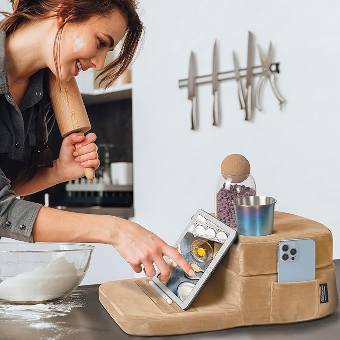 Couch Cup Holder Tray Pillow - Bed, Couch Caddy, Sofa, RV & Car - Holds Drinks, Snacks, Remotes, Phones, Kindle, Tablet | Bed Cup Holder (Beige)