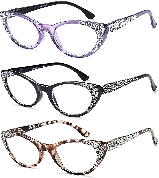 EYEURL 3-Pack Cat Eye Reading Glasses for Women Blue Light Glasses Fashion Computer Readers with Spring Hinge Anti-Glare Readers for Women 1.75