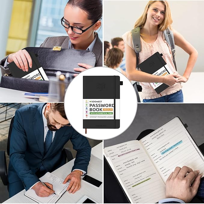 Password Book with Alphabetical Tabs, Hardcover Password Keeper, A5 Size 8.3"x6" Password Notebook for Saving Internet Login, Username, Password Organizer for Computer & Website Logins(Black)