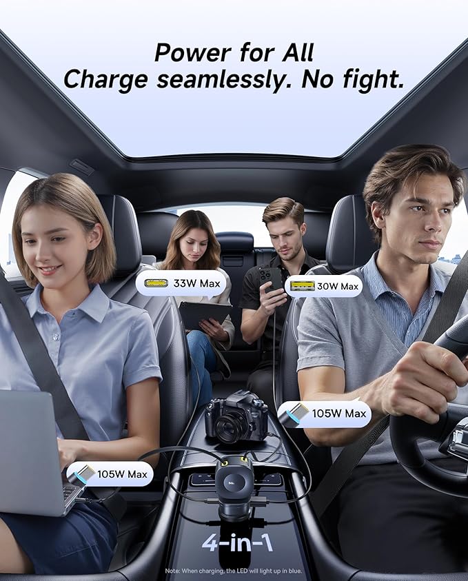 Baseus 240W Retractable Car Charger USB C Fast Charging, VR2 Max 4 in 1 Fast Car Charger with Dual Retractable USB C Cable for iPhone 17 16 15 Pro Max, Samsung Galaxy S25 Ultra, Android, iPad, MacBook