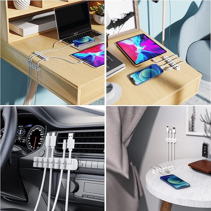 SOULWIT Upgraded Cable Holder, Cable Management Cord Organizer Clips Silicone Self Adhesive for Desktop USB Charging Cable Power Cord Bedside Wire PC Office Home (3/5/7 slot,White)